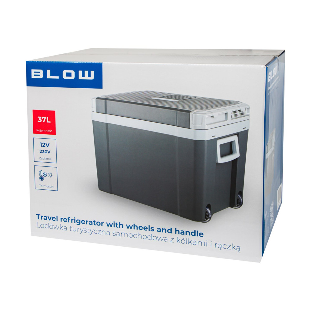 Szara lodówka turystyczna z kółkami i rączką, 37L, 12V/230V, termostat.