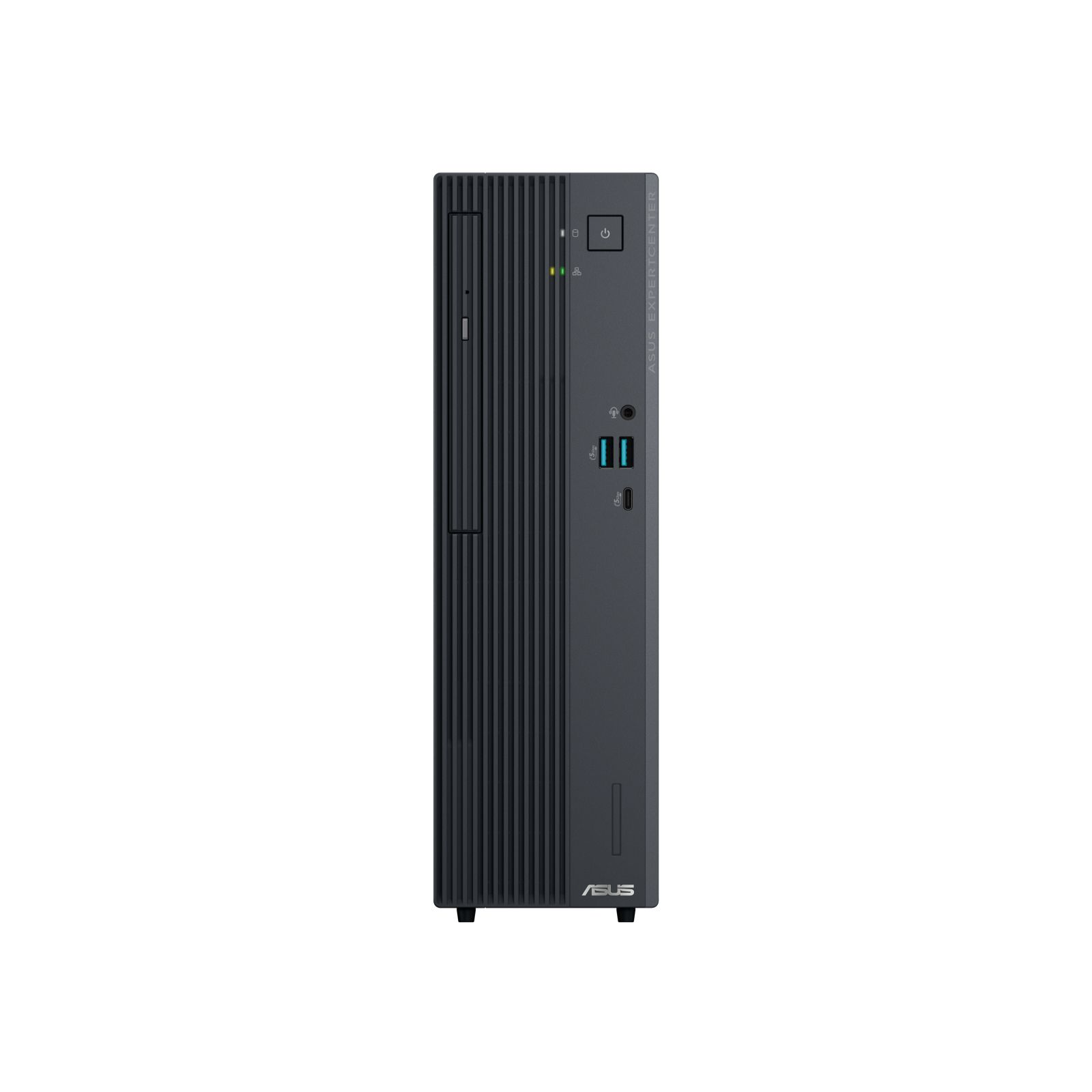 Czarna wieża Asus z pionowymi rowkami i przednimi portami.