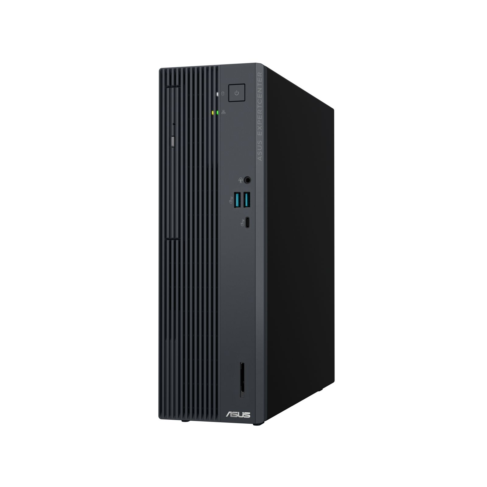 Czarny komputer stacjonarny ASUS ExpertCenter z przednimi portami USB i przyciskiem zasilania.