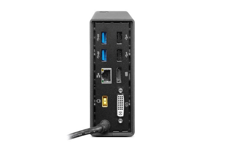 Czarna stacja dokująca z wieloma portami: USB, Ethernet, DVI i żółtym zasilaniem.