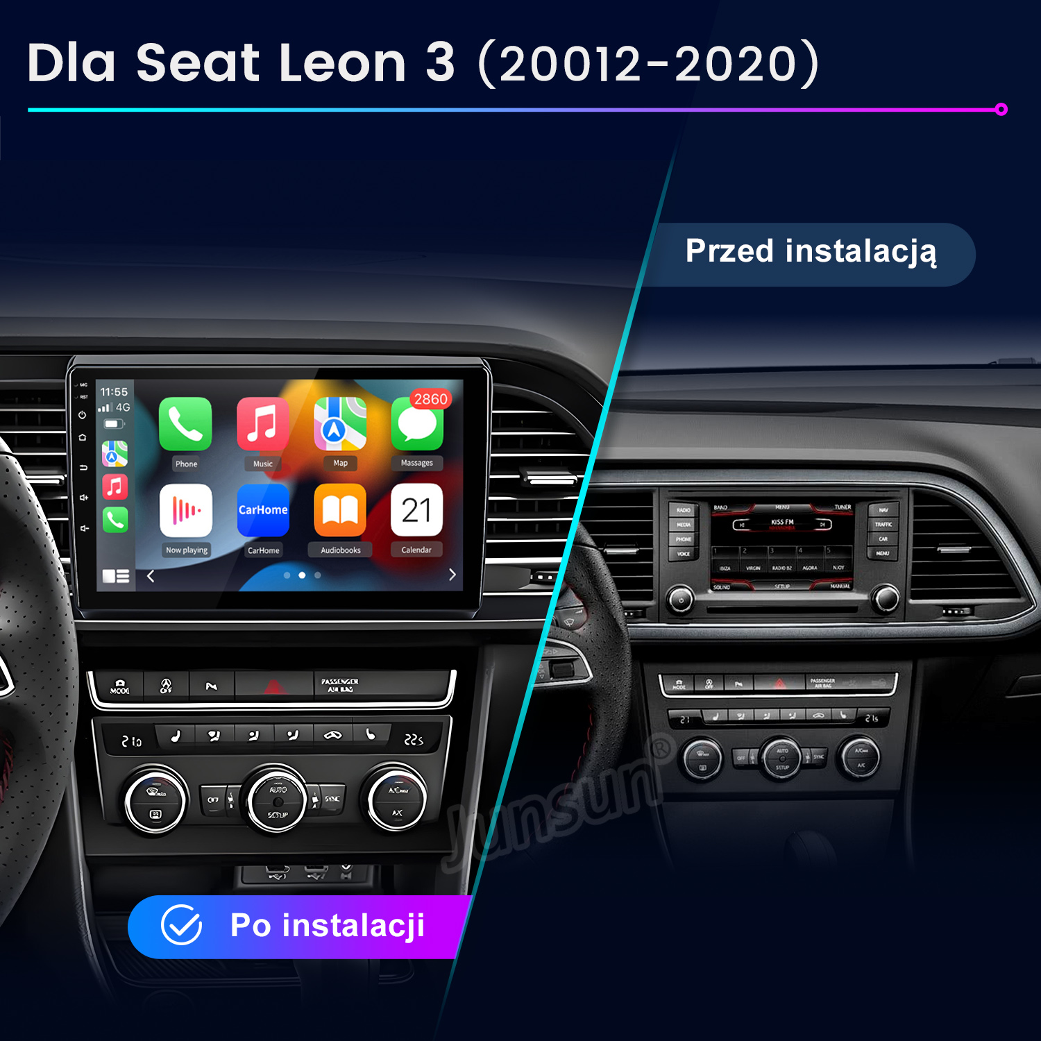 Porównanie deski rozdzielczej Seat Leon 3 przed i po instalacji nowego systemu infotainment.