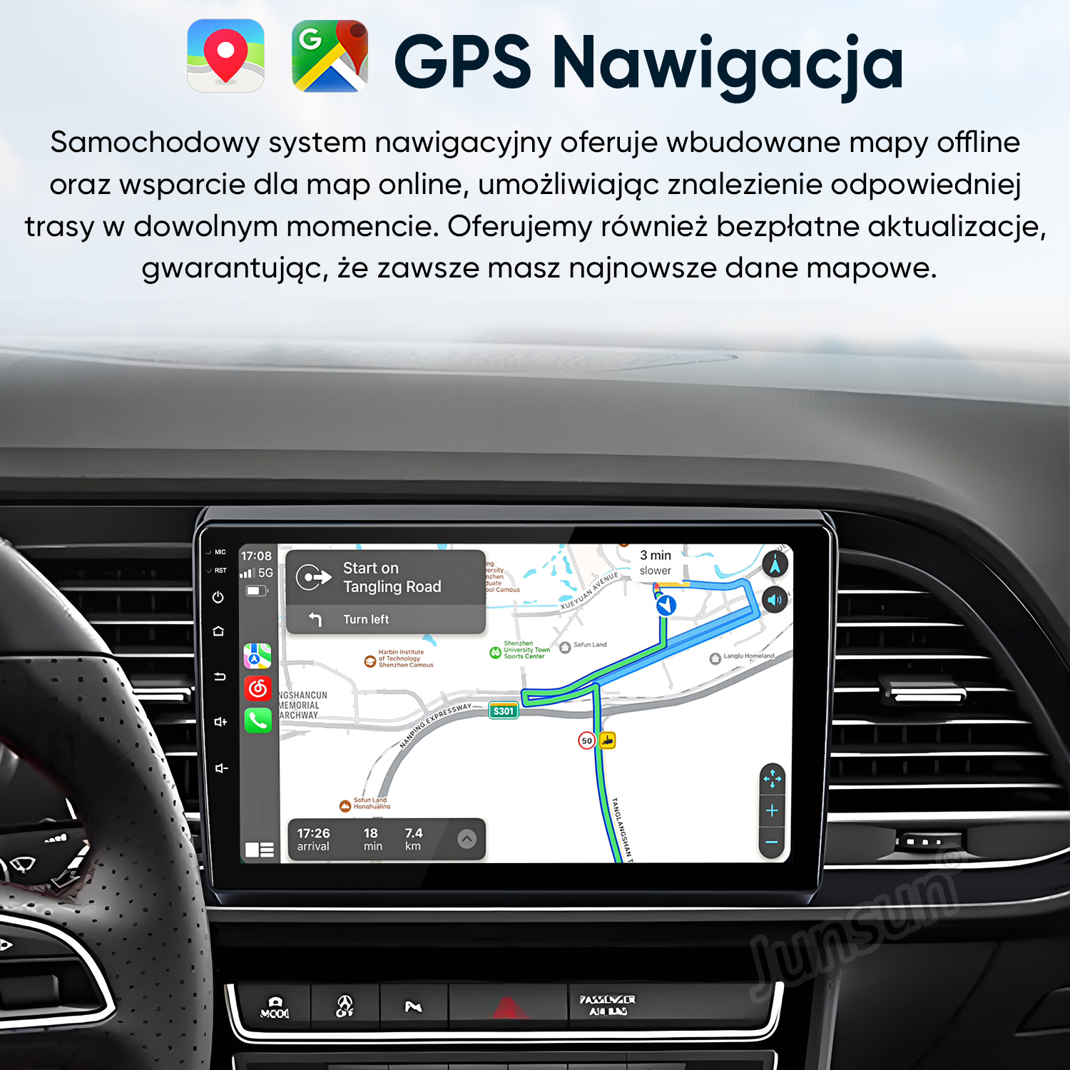 System nawigacji samochodowej wyświetla trasę na ekranie z mapą i czasem przyjazdu.