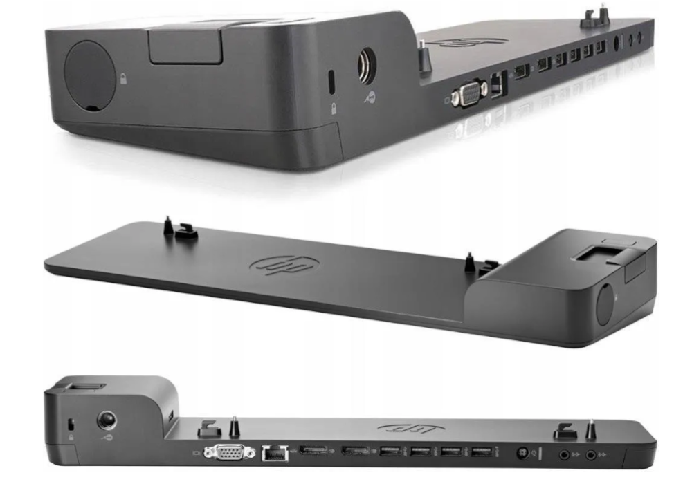 Czarna stacja dokująca HP z portami takimi jak USB i VGA.