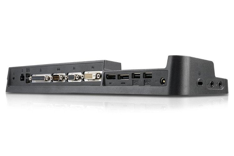Tył czarnej stacji dokującej z różnymi portami, takimi jak VGA, DVI i USB.