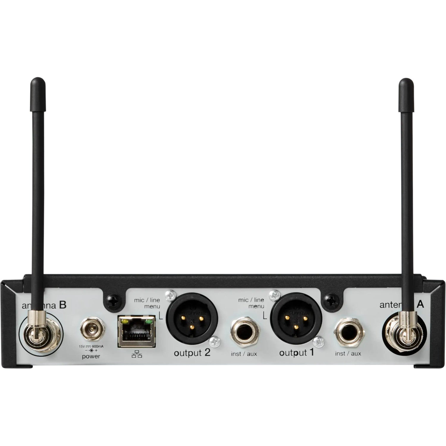Tylny panel czarnego odbiornika bezprzewodowego z dwiema antenami, wejściem zasilania, Ethernet i wyjściami audio.