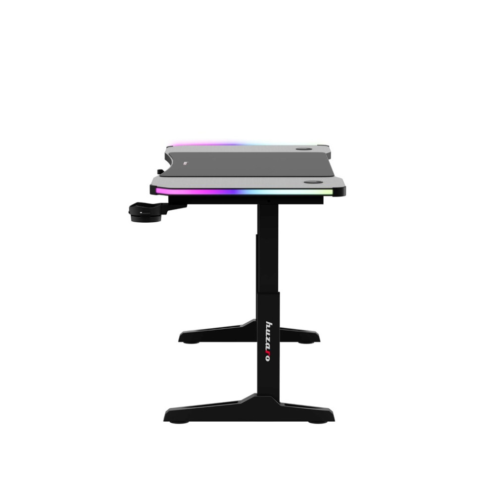 Czarny stół gamingowy z podświetleniem RGB na krawędziach.