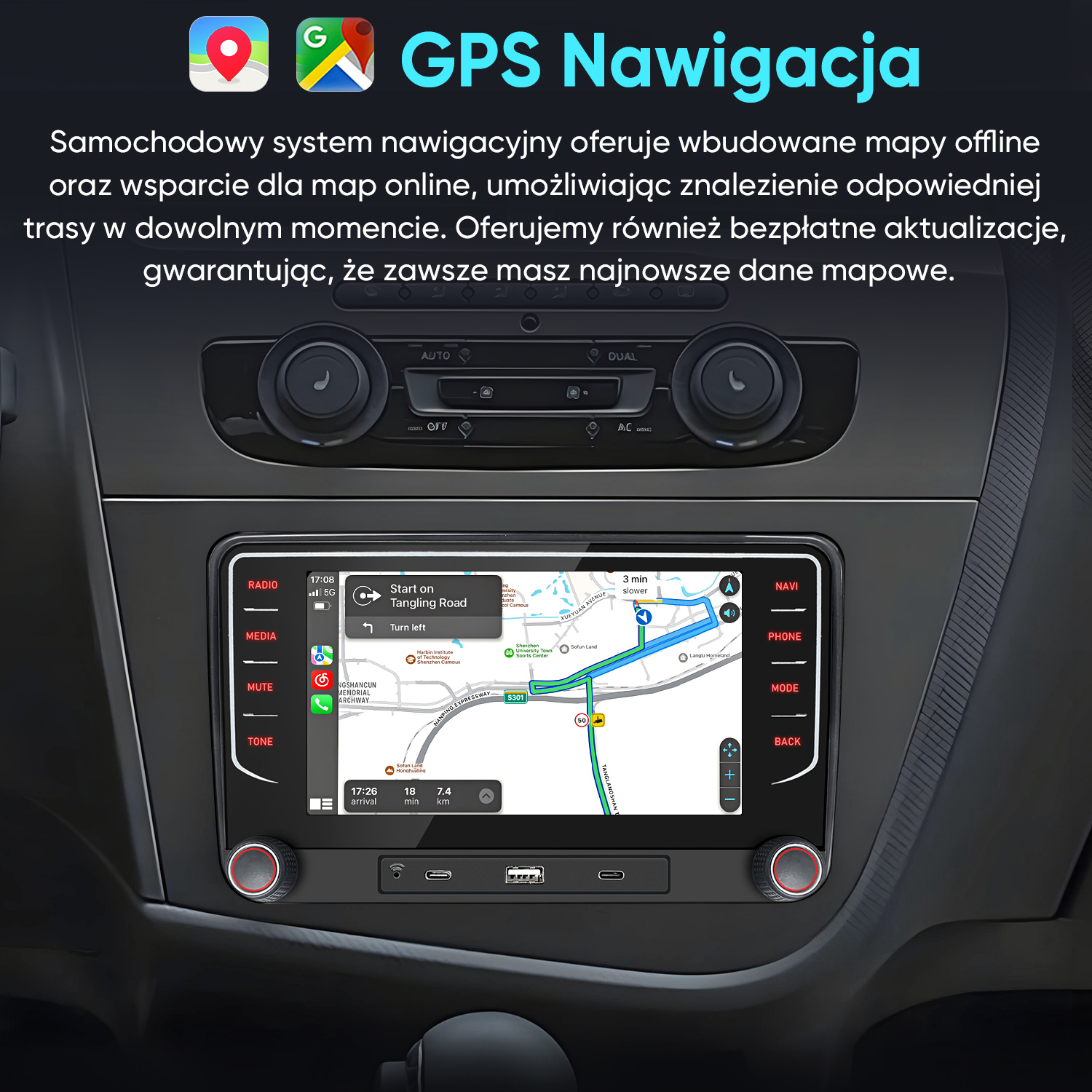 Samochodowy system nawigacji pokazuje mapę z prowadzeniem trasy i informacjami o ruchu.