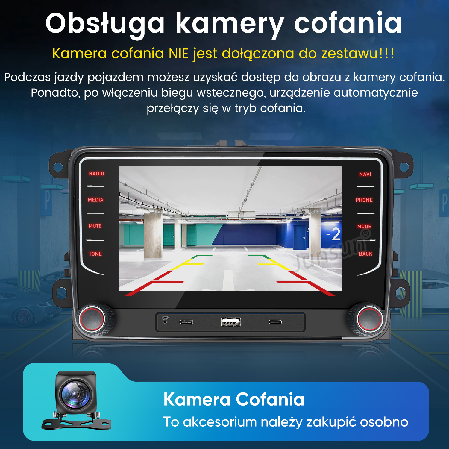 Ekran radia samochodowego pokazuje widok parkingu z kamery cofania.