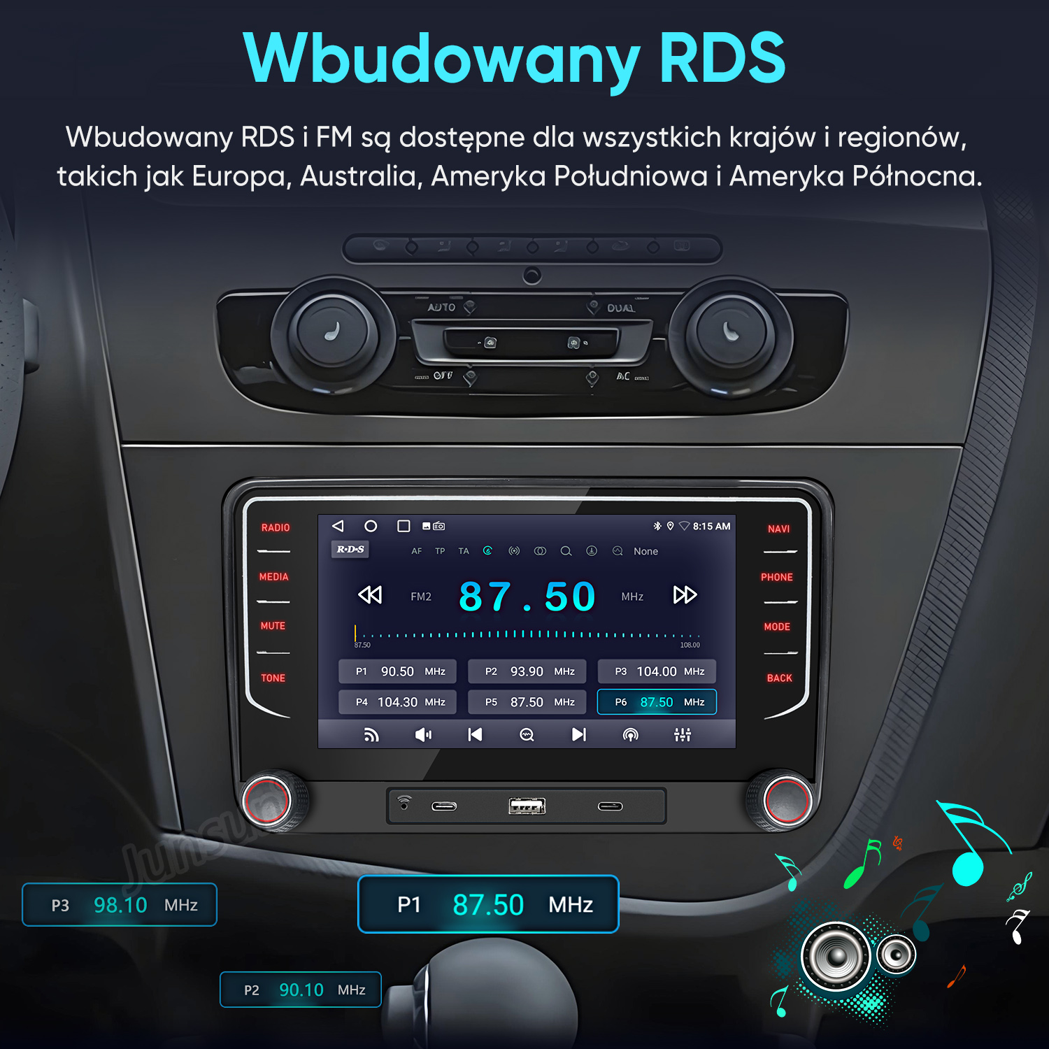 Radio samochodowe z wyświetlaczem RDS pokazuje 87,50 MHz i różne stacje.