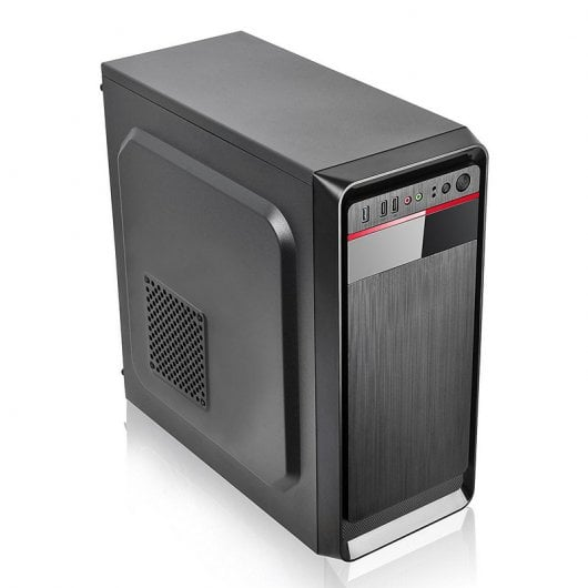 Un case per computer nero con accenti argentati e rossi sul davanti.