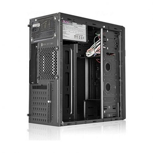 Case del computer nero, aperto, mostra componenti interni e cablaggi.