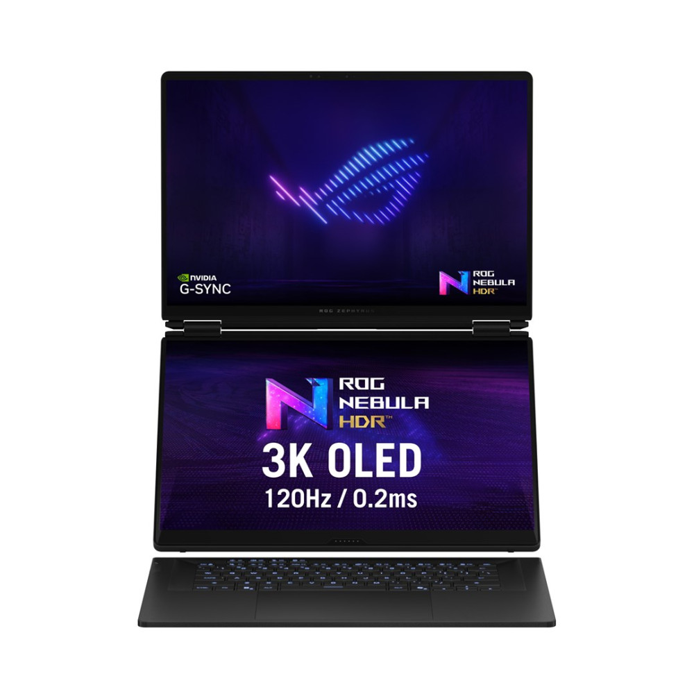 Laptop ASUS ROG z dwoma ekranami. Górny ekran pokazuje logo G-SYNC; dolny specyfikacje 3K OLED.