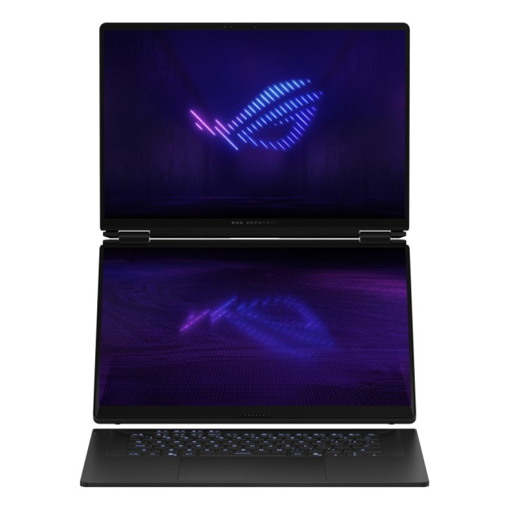 Czarny laptop z dwoma ekranami, oba wyświetlają niebiesko-różowe świecące logo ROG na ciemnym tle.
