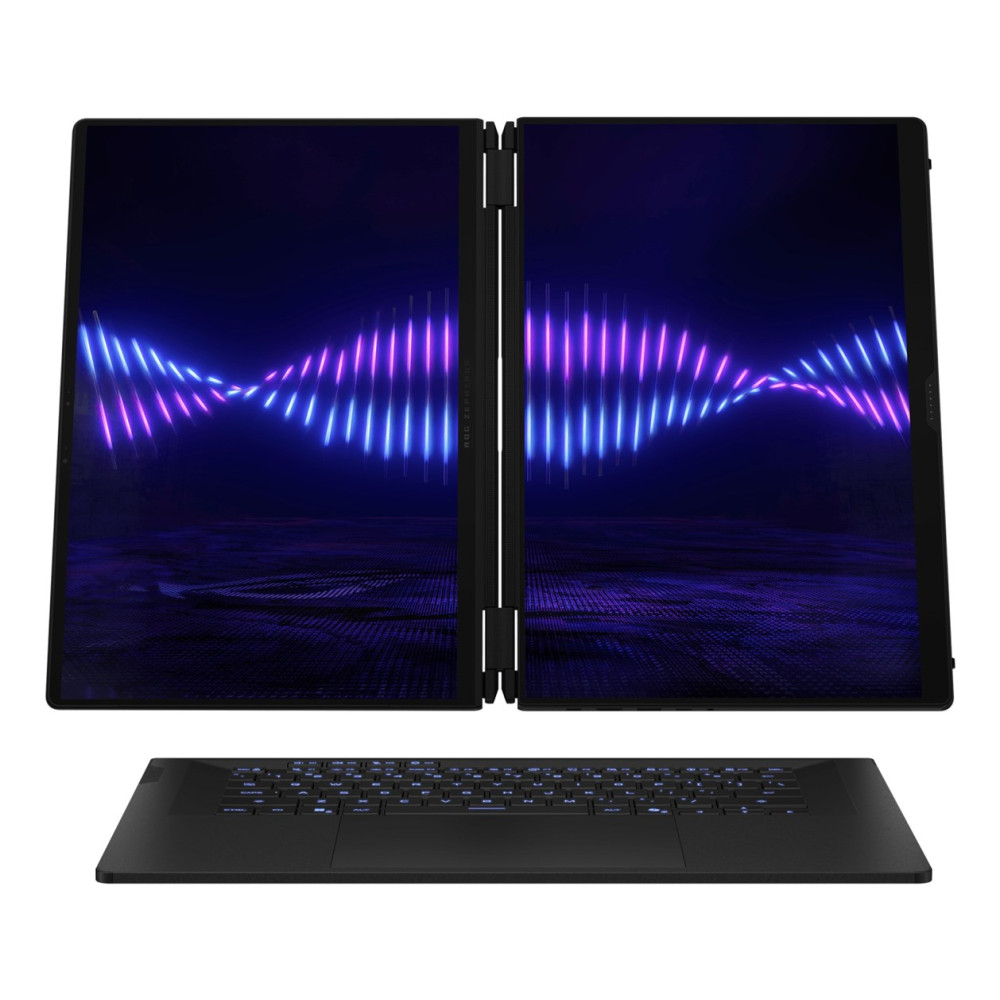 Laptop z dwoma ekranami, falami światła w kolorze fioletowym i niebieskim na ekranach oraz podświetlaną klawiaturą.