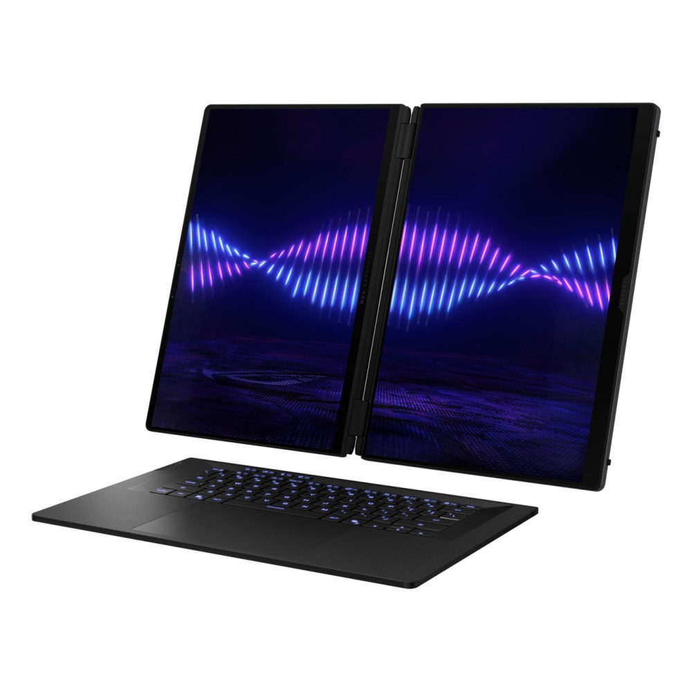 Czarny laptop z dwoma ekranami wyświetlający niebiesko-fioletowe fale.