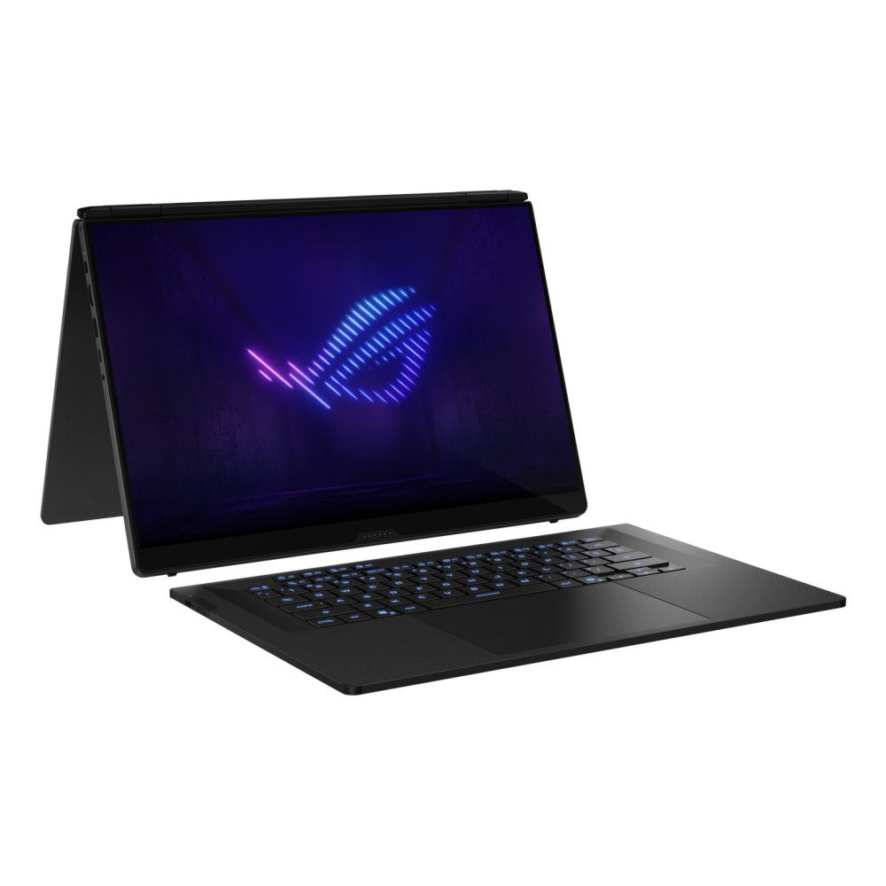 Czarny laptop z podświetlaną klawiaturą i logo ROG na ekranie.