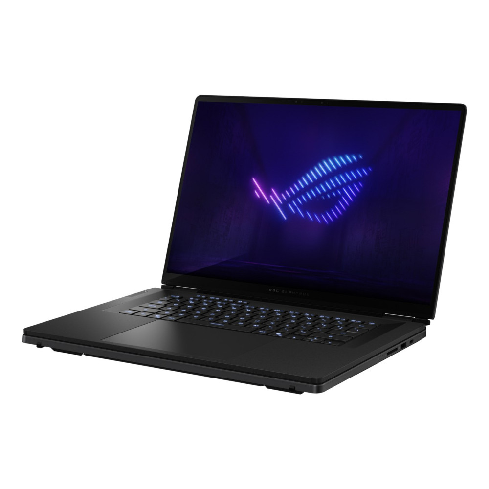 Czarny laptop z podświetlanym logo ROG na ciemnym ekranie.