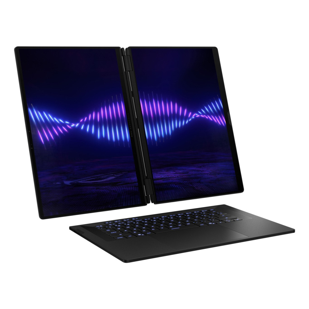 Otwarty czarny laptop z dwoma ekranami wyświetlającymi neonowo-niebieską i fioletową falę.