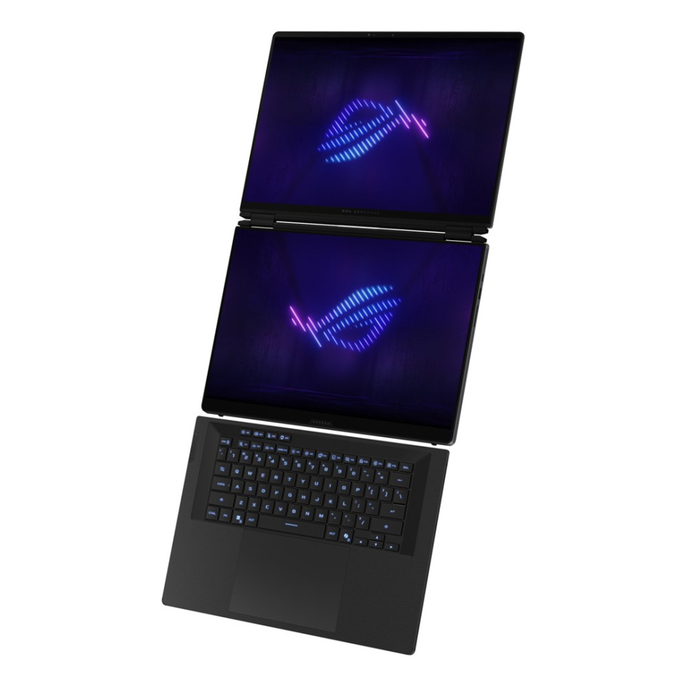Czarny laptop z dwoma ekranami, oba wyświetlają niebiesko-fioletowe logo.