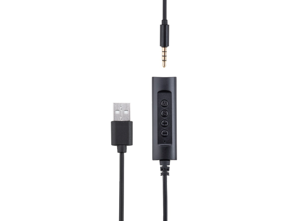Czarna wtyczka USB i gniazdo 3,5 mm z kontrolerem liniowym.