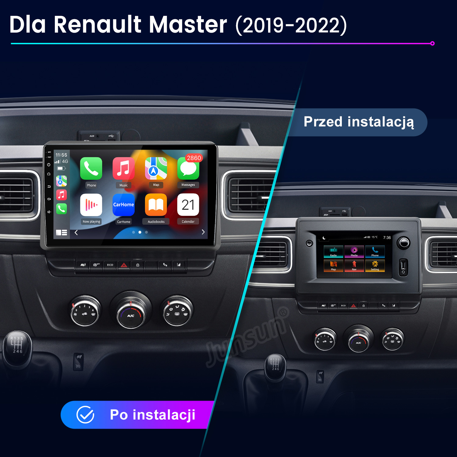 Porównanie systemu multimedialnego Renault Master przed i po instalacji.