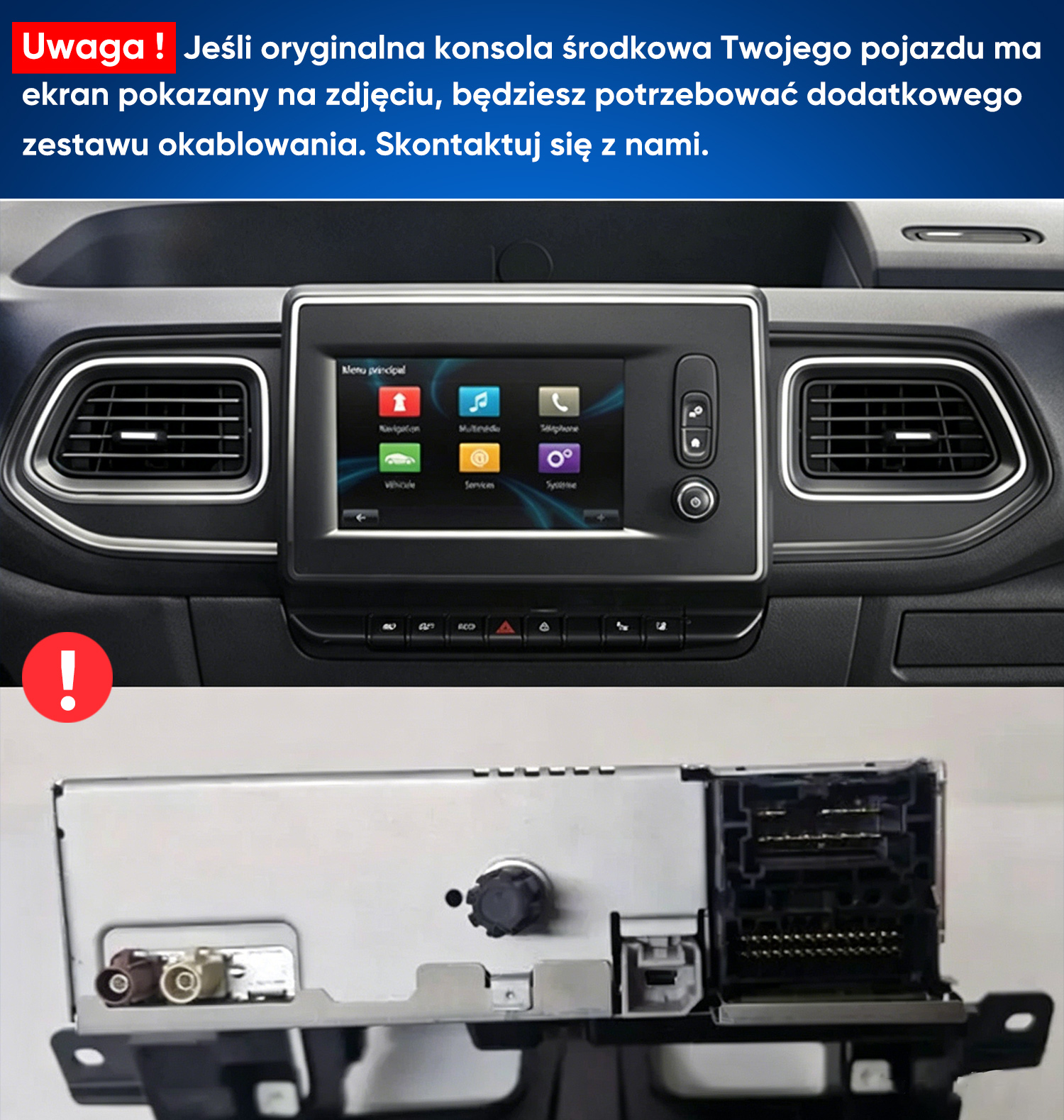 Ekran systemu multimedialnego samochodu i tył ze złączami.