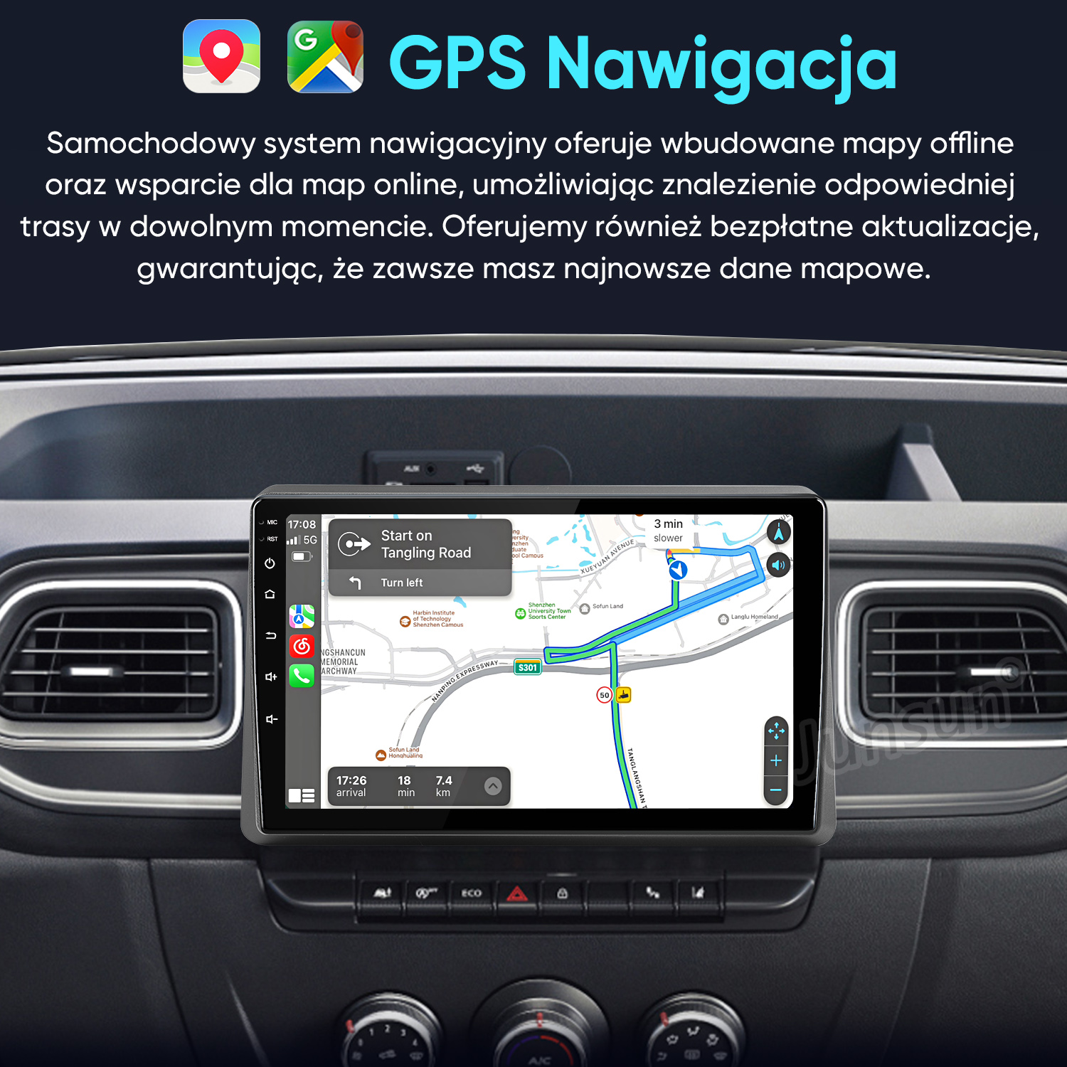 Samochodowy system nawigacyjny wyświetla mapę z trasą do Tangling Road.