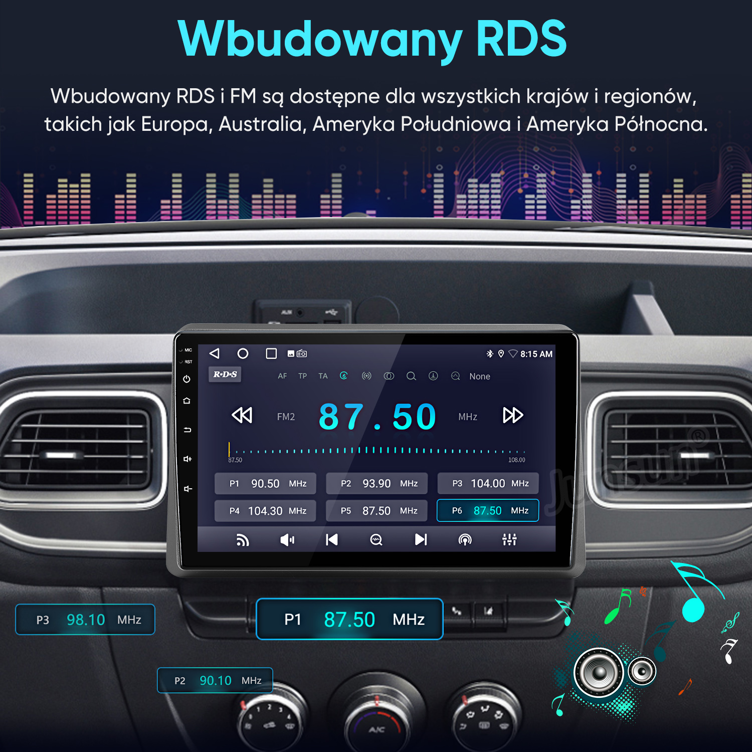Wyświetlacz radia samochodowego pokazuje częstotliwość FM 87.50 MHz i zaprogramowane stacje.