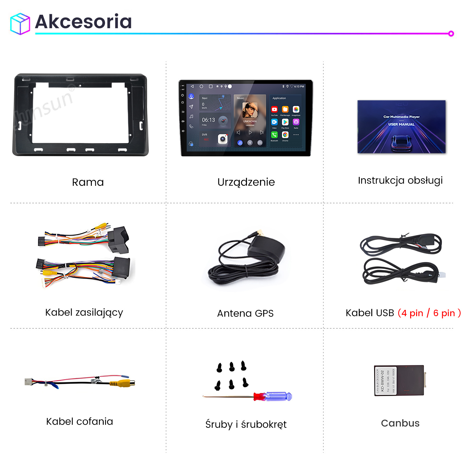 Ramka radia samochodowego, urządzenie z ekranem dotykowym, instrukcja obsługi, kable, antena, kabel USB, kabel cofania, śruby i moduł Canbus.