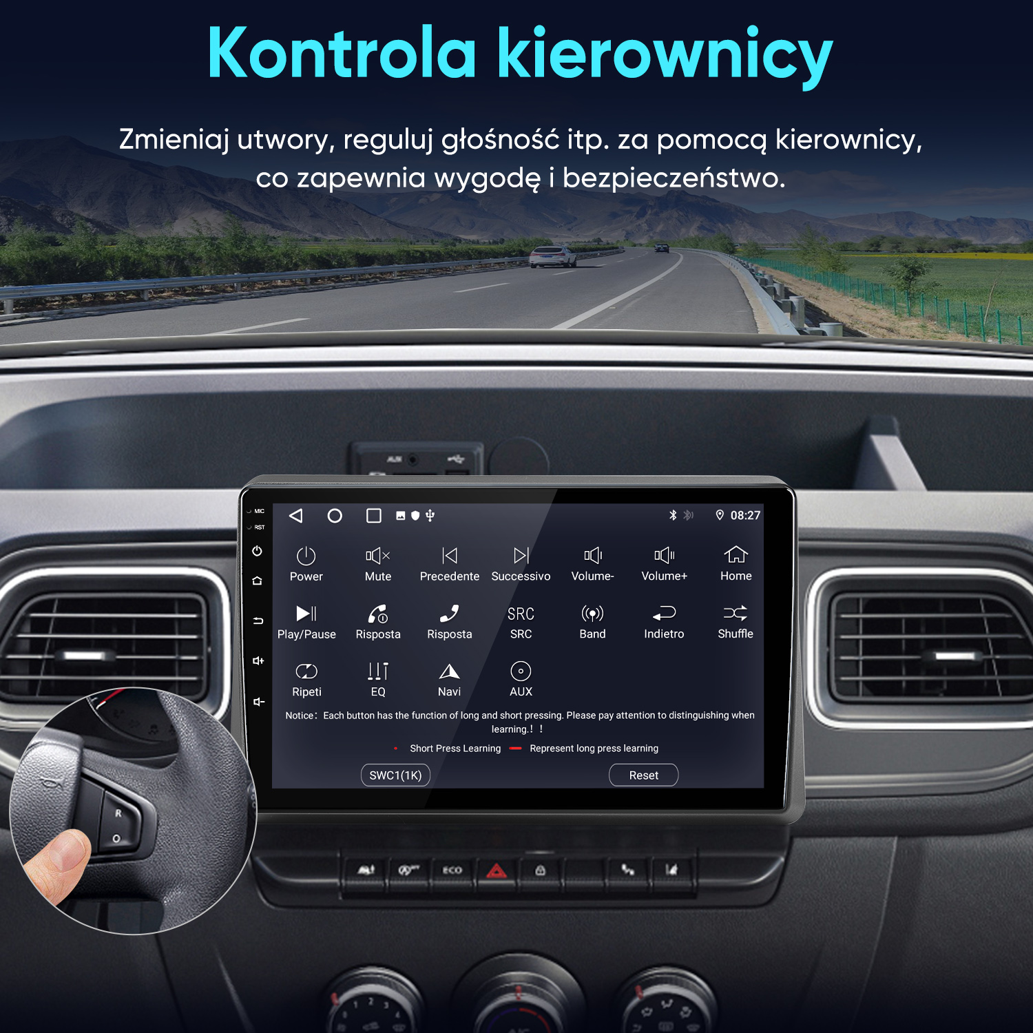 Widok wnętrza samochodu z dużym systemem infotainment z ekranem dotykowym wyświetlającym muzykę i ustawienia pojazdu.