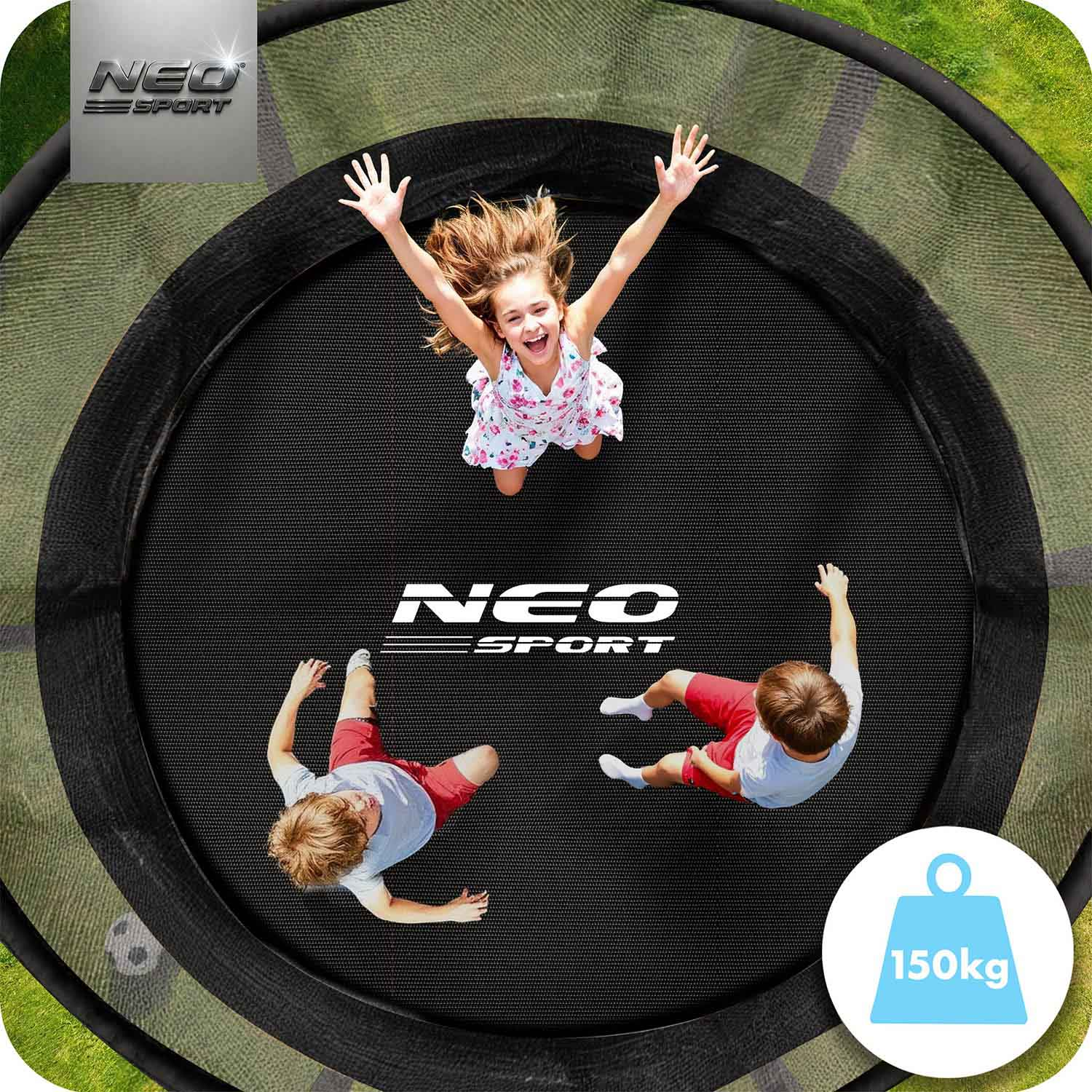 Troje dzieci na trampolinie. Dziewczynka skacze, dwaj chłopcy leżą.