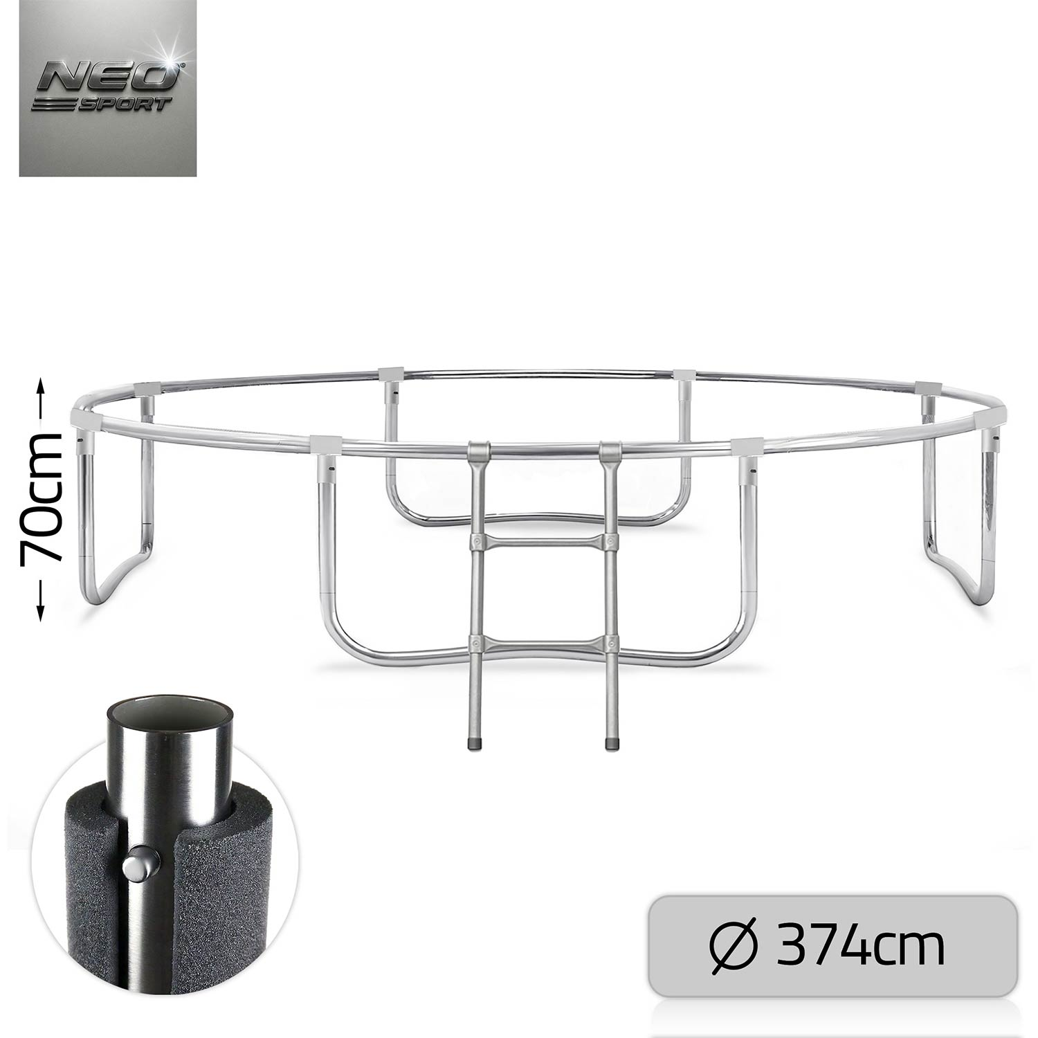 Metalowa rama trampoliny z drabiną, wysokość 70cm, średnica 374cm.