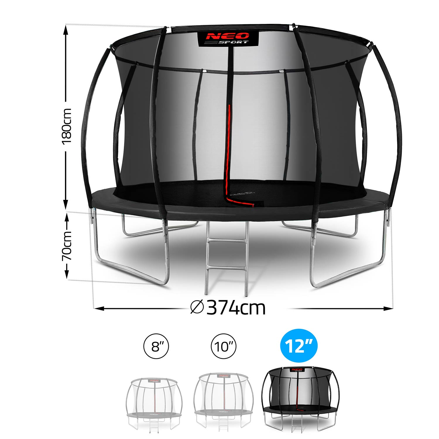 Trampolina z siatką zabezpieczającą, średnica 374cm, wysokość 180cm, podstawa 70cm.