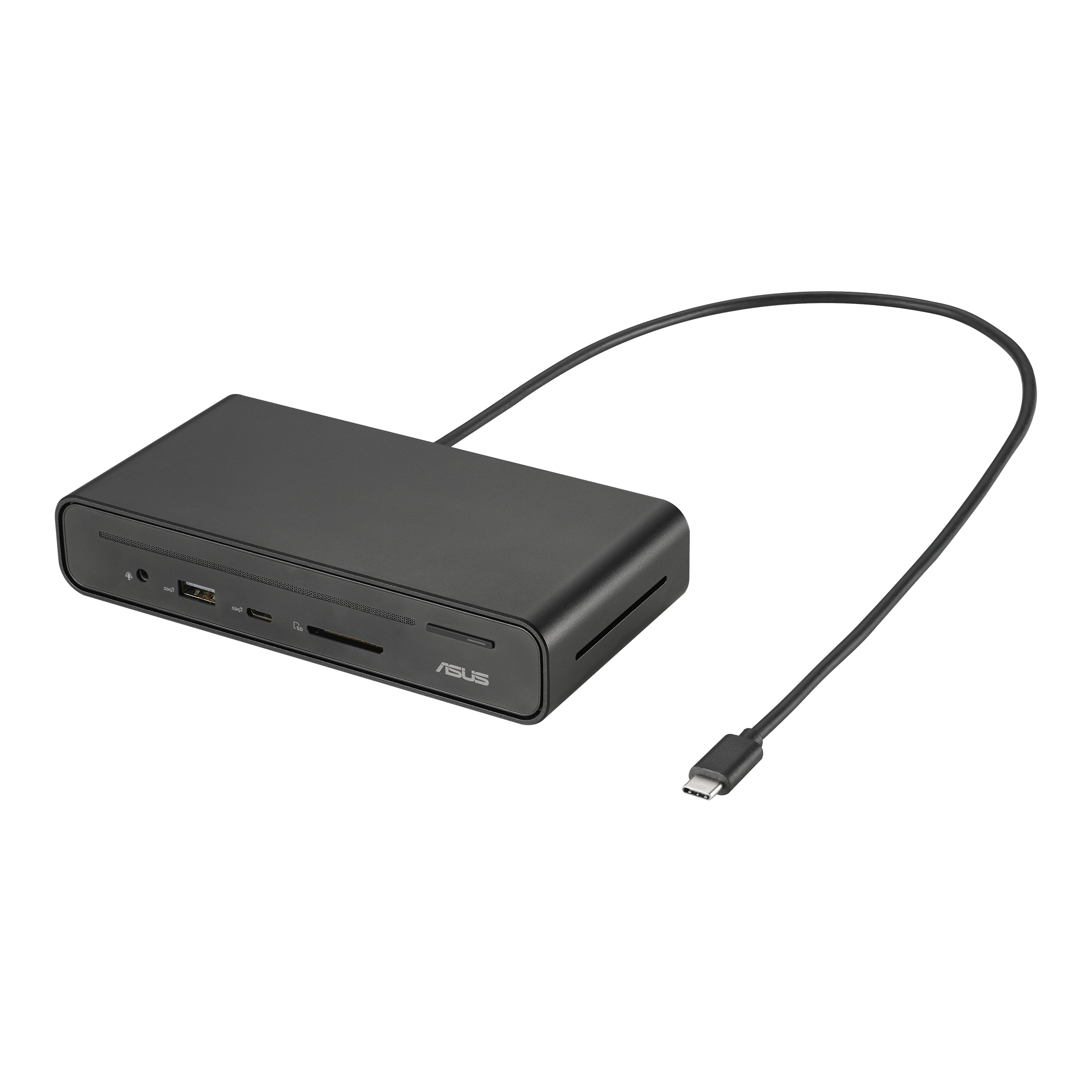 Czarna stacja dokująca ASUS z kablem USB-C i portami USB, kartą SD, audio.
