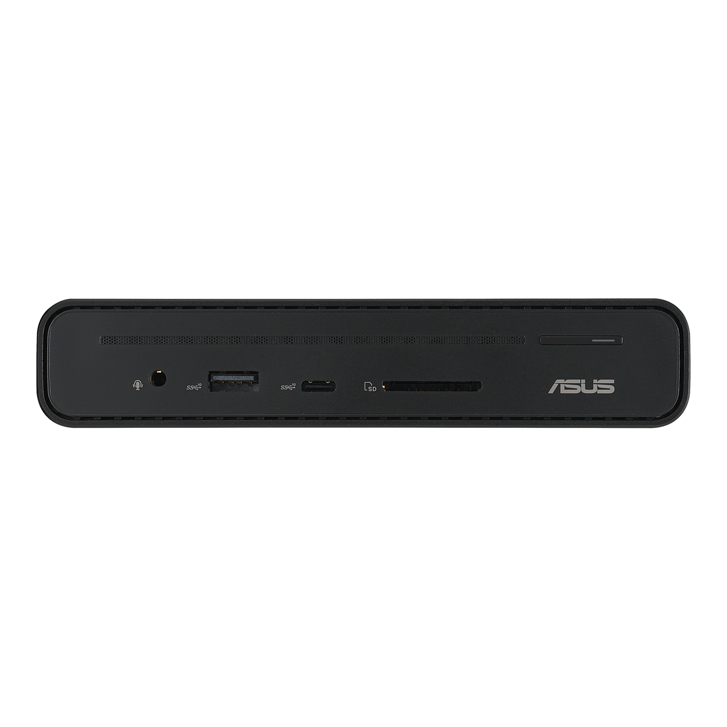 Czarny, kompaktowy komputer ASUS z portami: audio, USB, USB-C, czytnik kart SD.
