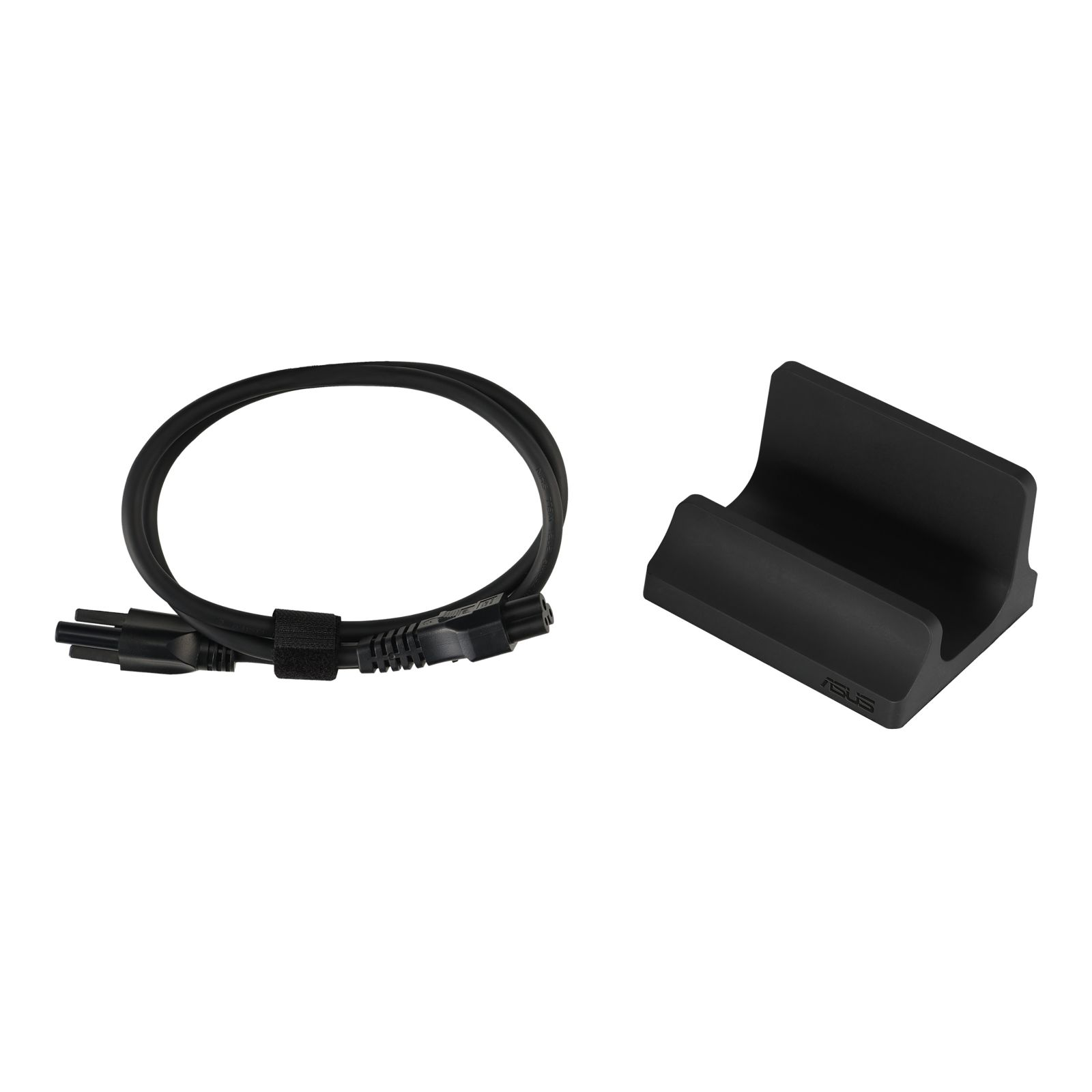 Czarny kabel ładujący z rzepem obok czarnej stacji dokującej Asus.
