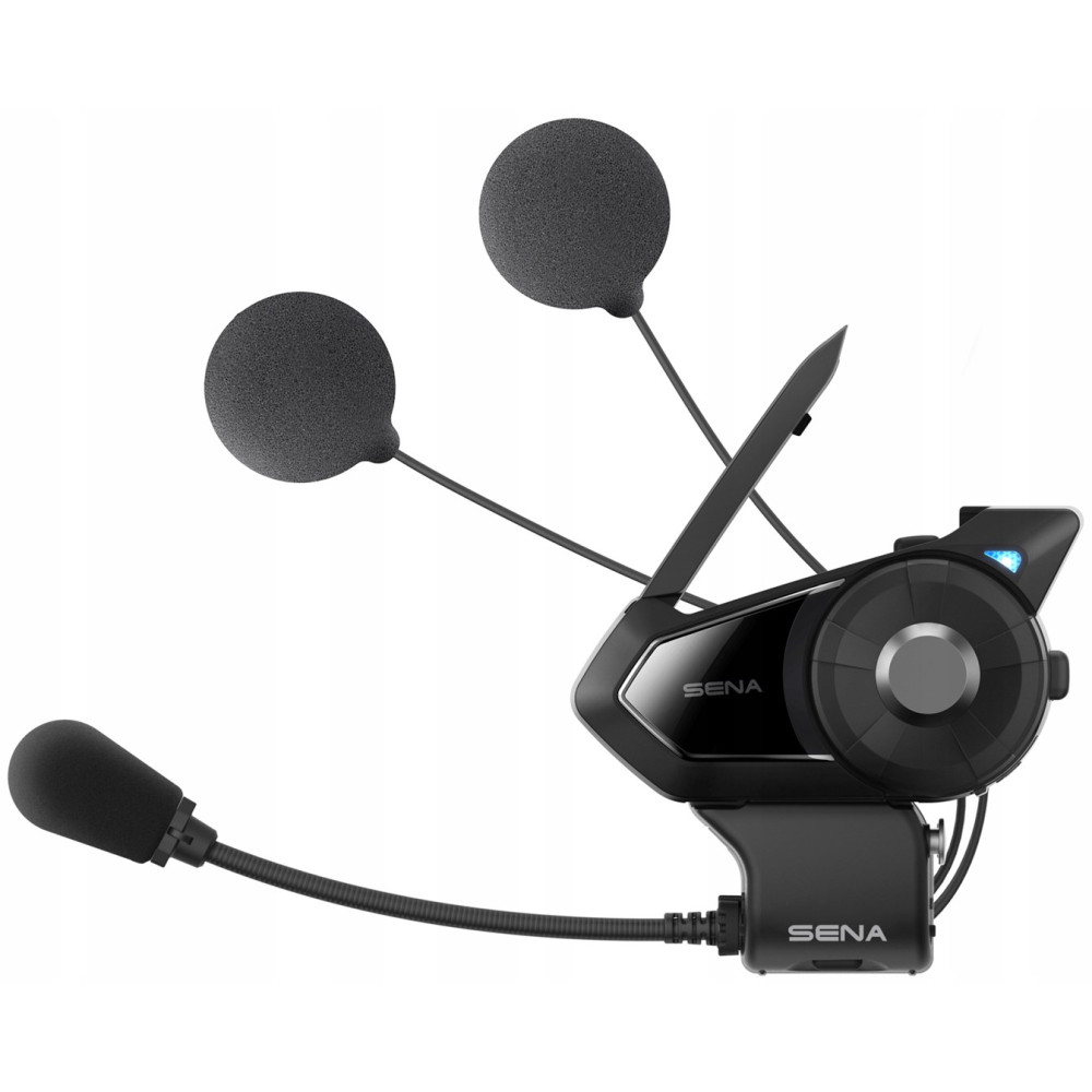 Czarny system komunikacji Sena do kasku motocyklowego z dwoma mikrofonami i głośnikami.