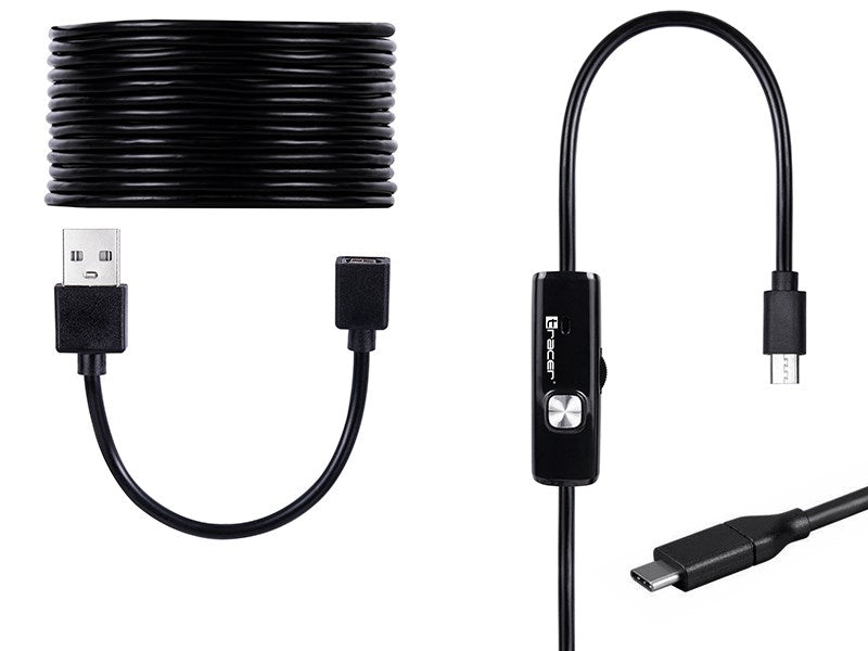 Czarny kabel USB z adapterem i kablem spiralnym.