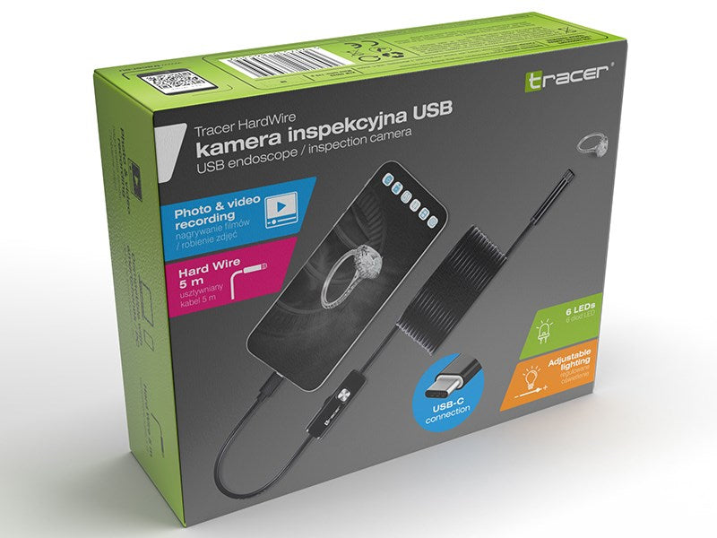 Pudełko kamery inspekcyjnej USB Tracer HardWire z kablem i złączem USB-C.