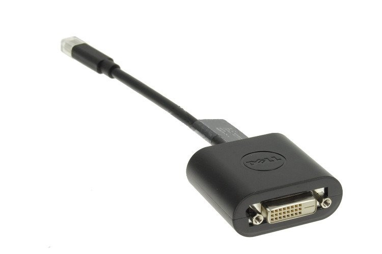 Czarny adapter Dell z portem DVI i przezroczystym złączem.