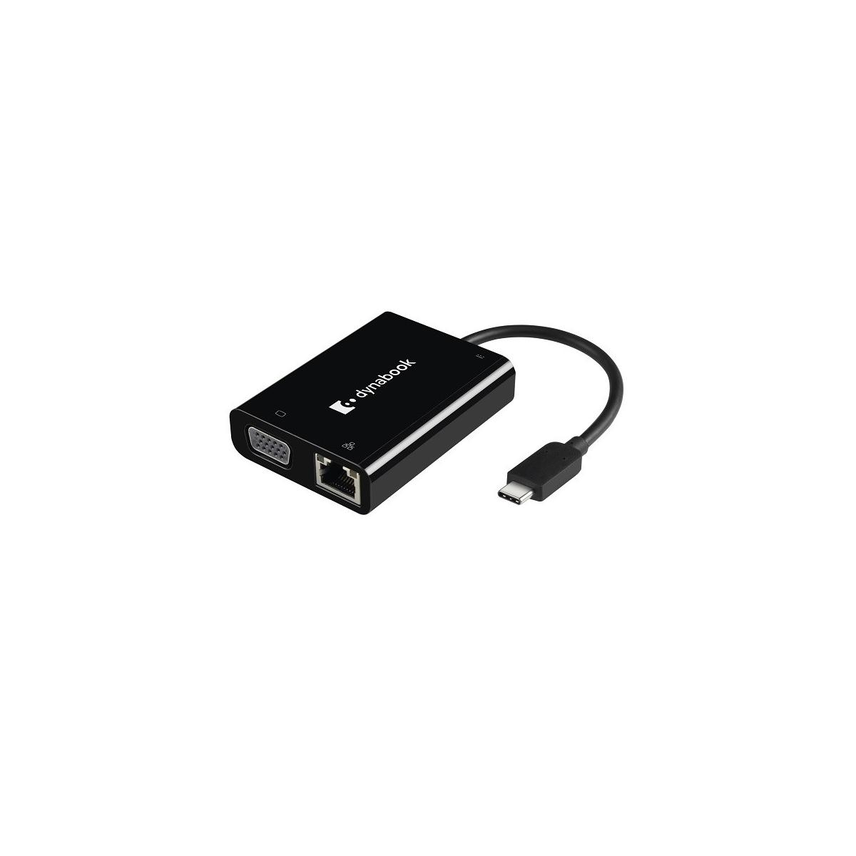 Czarny adapter Dynabook z portami VGA, Ethernet i USB-C.