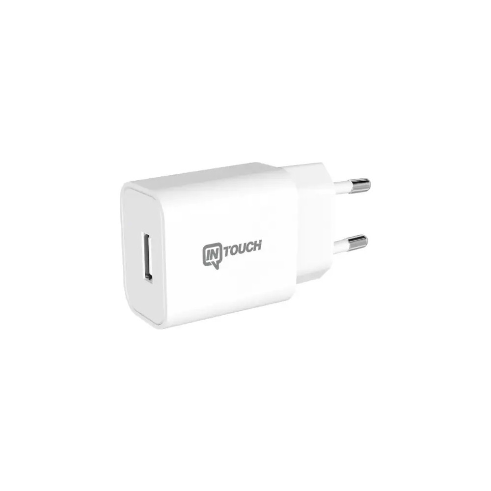 USB bağlantı noktalı ve iki metal pimli beyaz şarj cihazı.