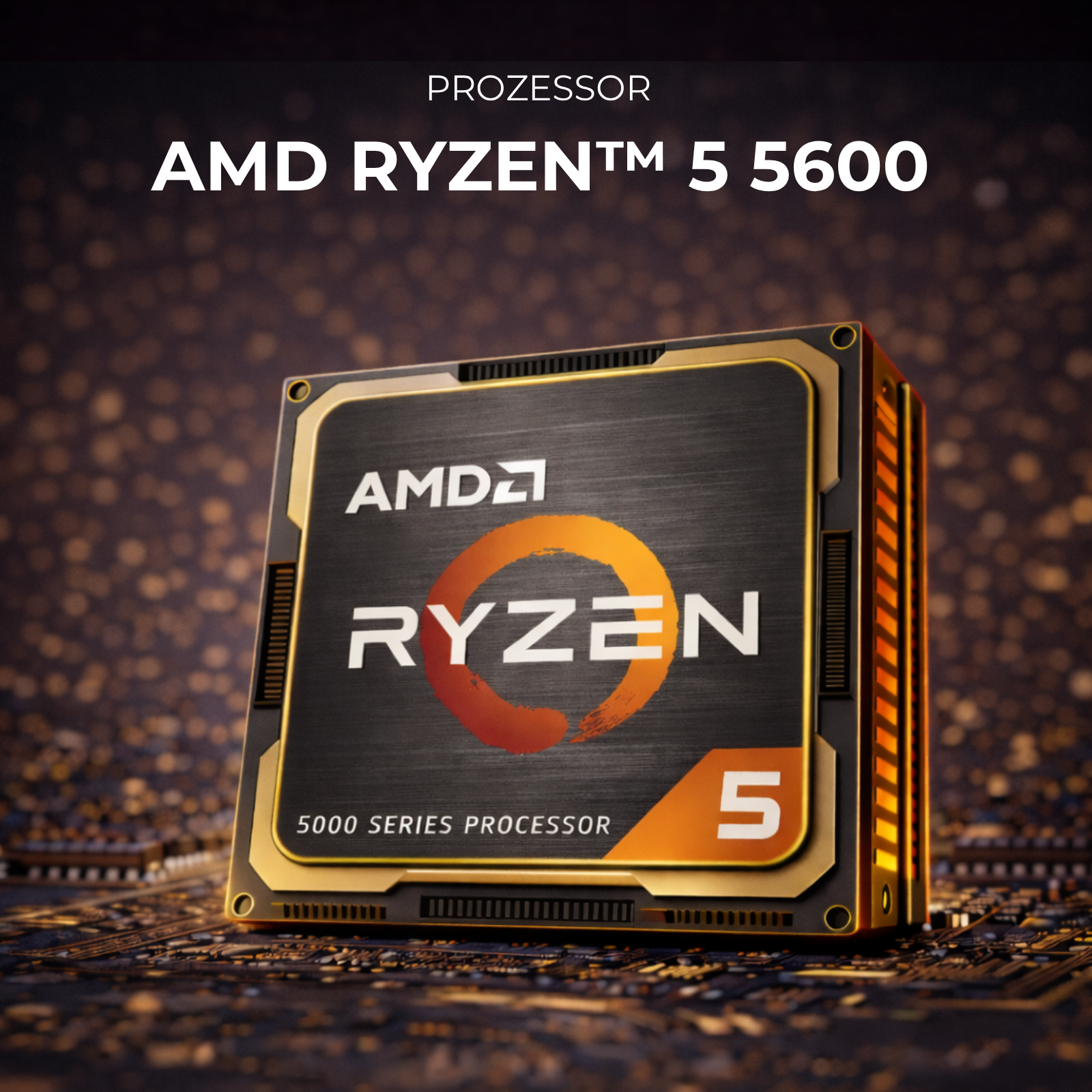 AMD Ryzen 5 5600 Prozessor auf einer Leiterplatte, dunkler Hintergrund.