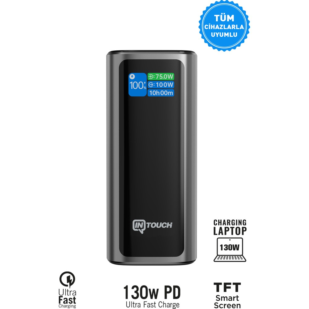 Gri powerbank ekranda %100 pil, 75W ve 100W şarj gösteriyor.