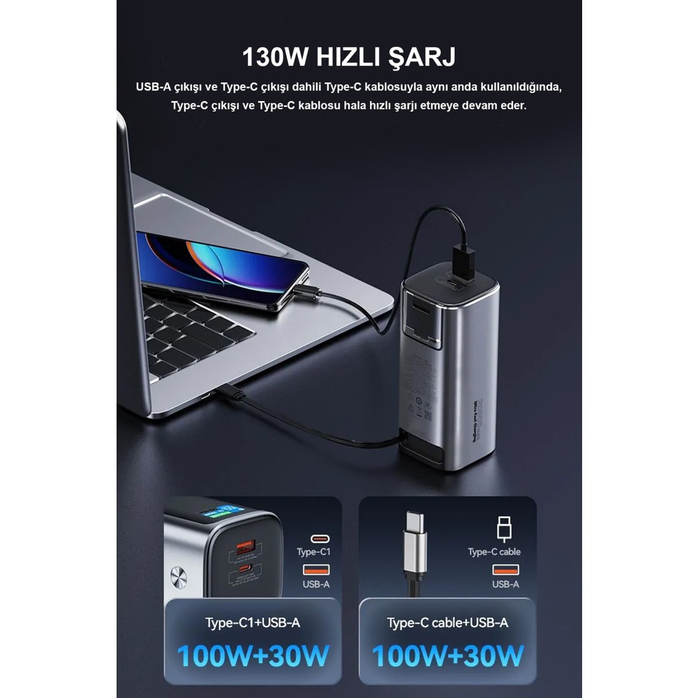 Dizüstü bilgisayar, akıllı telefon ve şarj cihazı bağlı. Şarj portu detayları aşağıda.