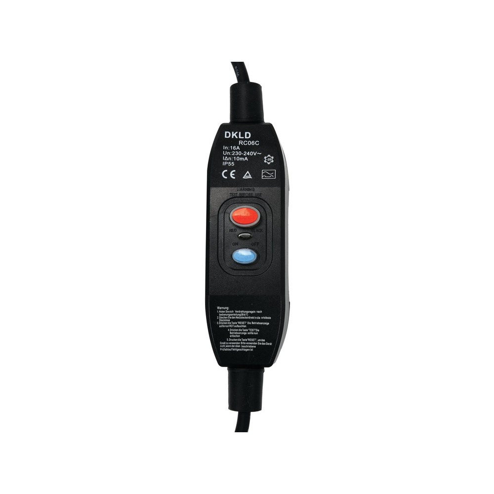 Czarna wtyczka RCD z czerwonym przyciskiem test i niebieskim reset, 230-240V.