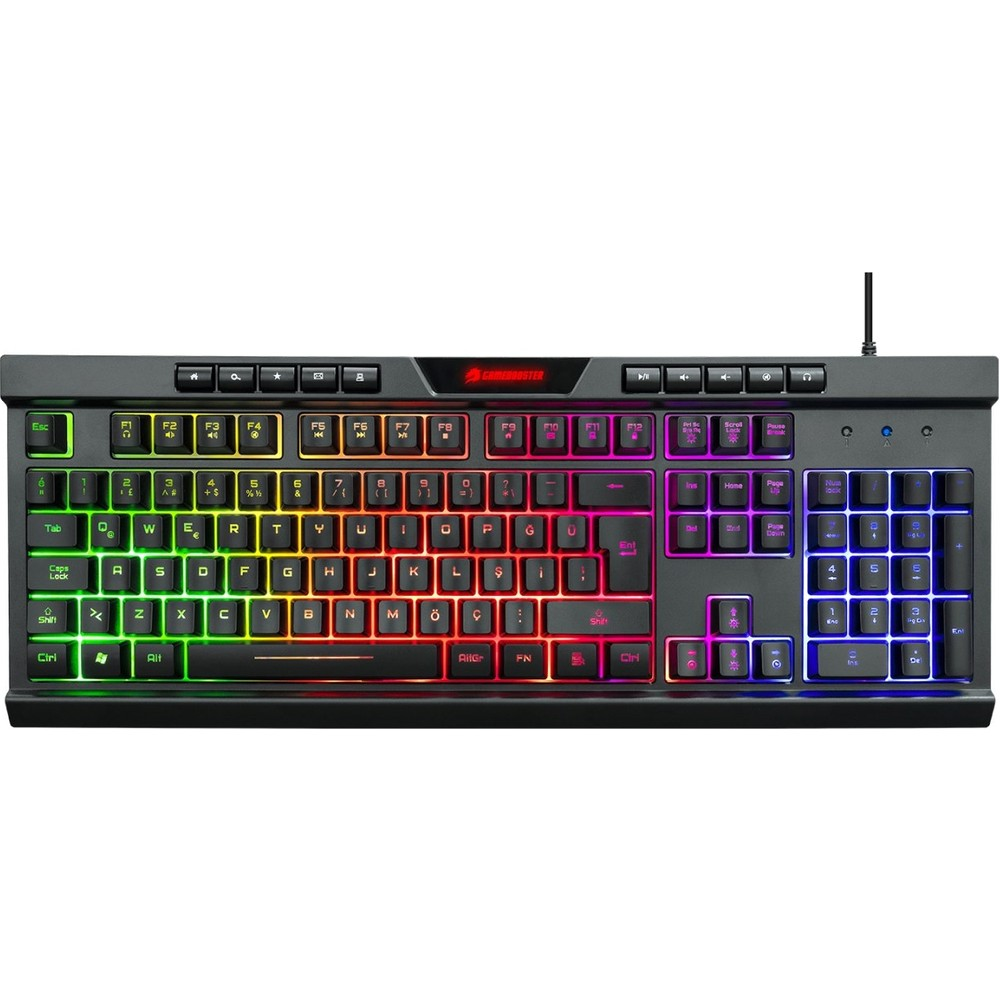 Beyaz arka plan üzerinde renkli RGB arka aydınlatmalı siyah klavye.