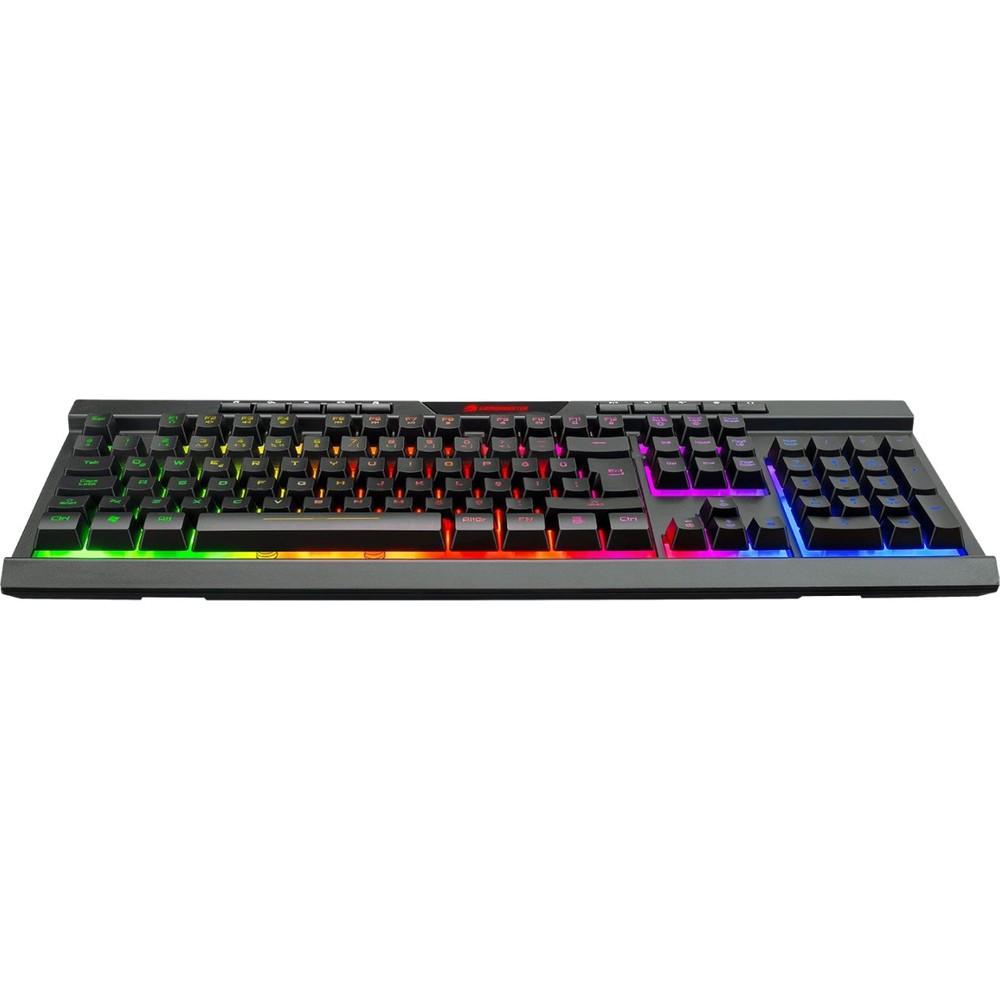 Soldan sağa yeşilden turuncuya ve maviye geçen RGB aydınlatmalı siyah klavye.
