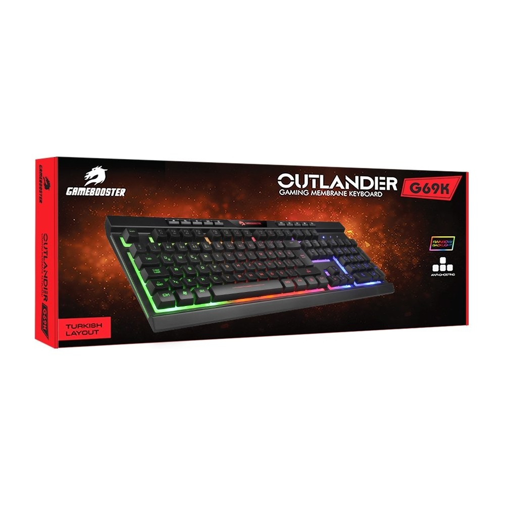 Gamebooster etiketli bir kutuda gökkuşağı arka aydınlatmalı siyah klavye.