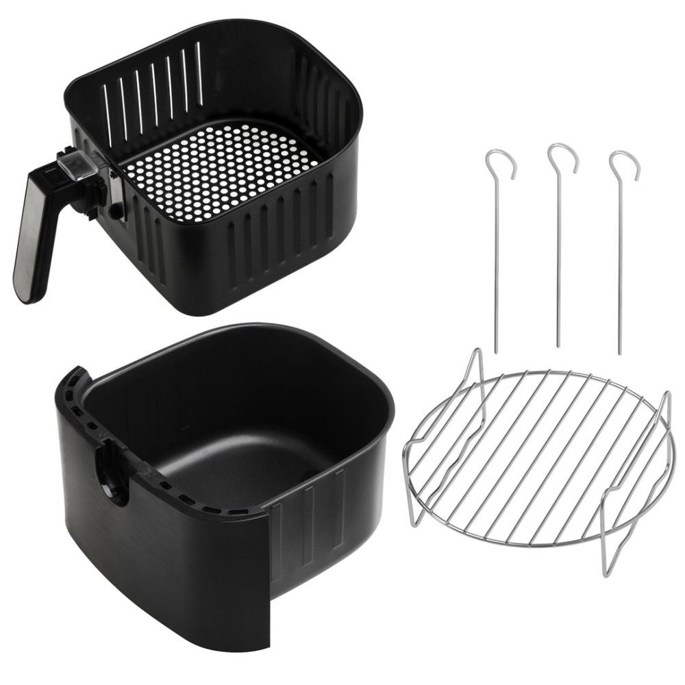 Cestello nero per friggitrice ad aria con manico, cassetto, tre spiedini e griglia rotonda.
